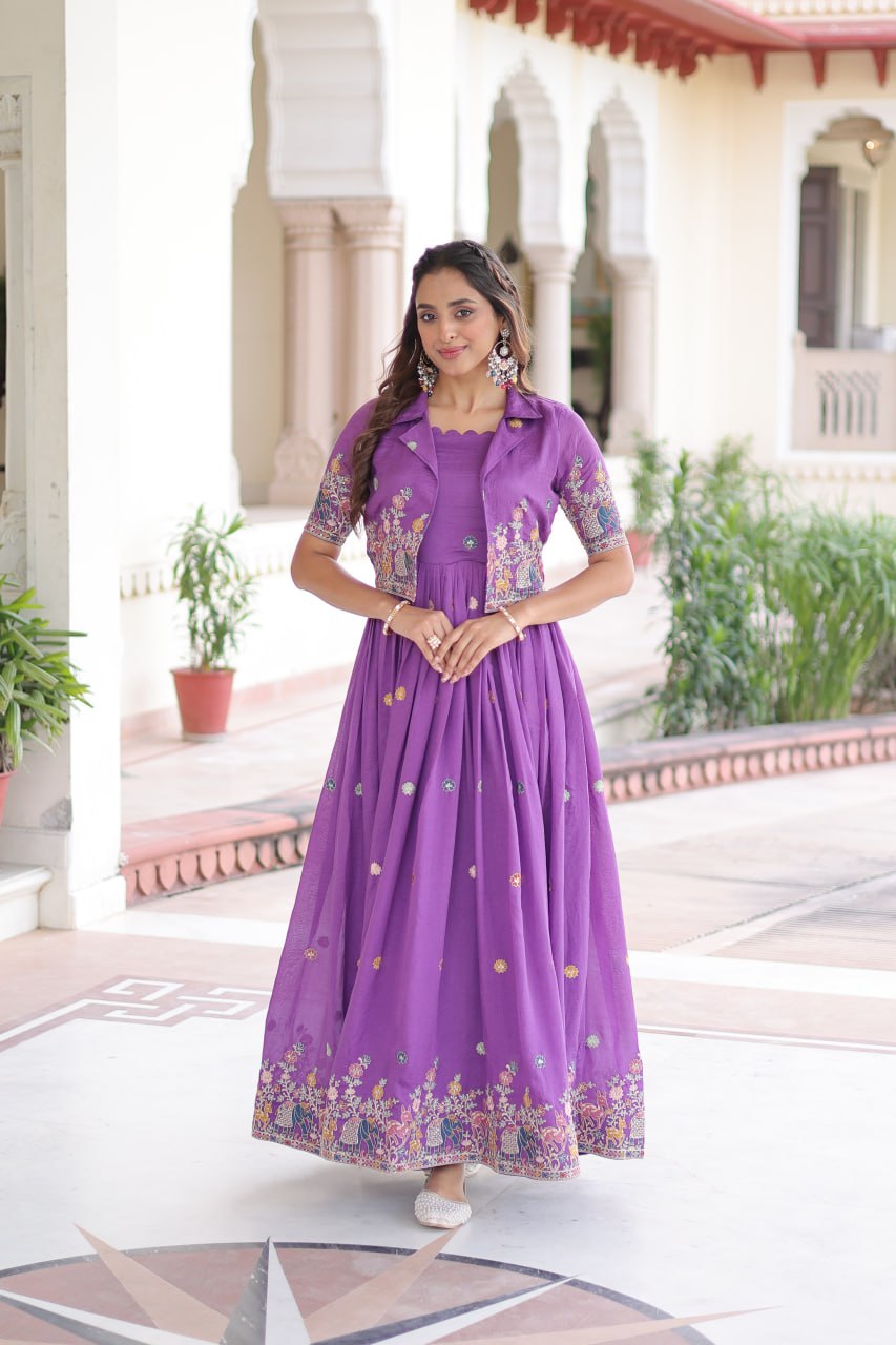 Vichitra Silk Embroidered Gown with Designer Koti Set