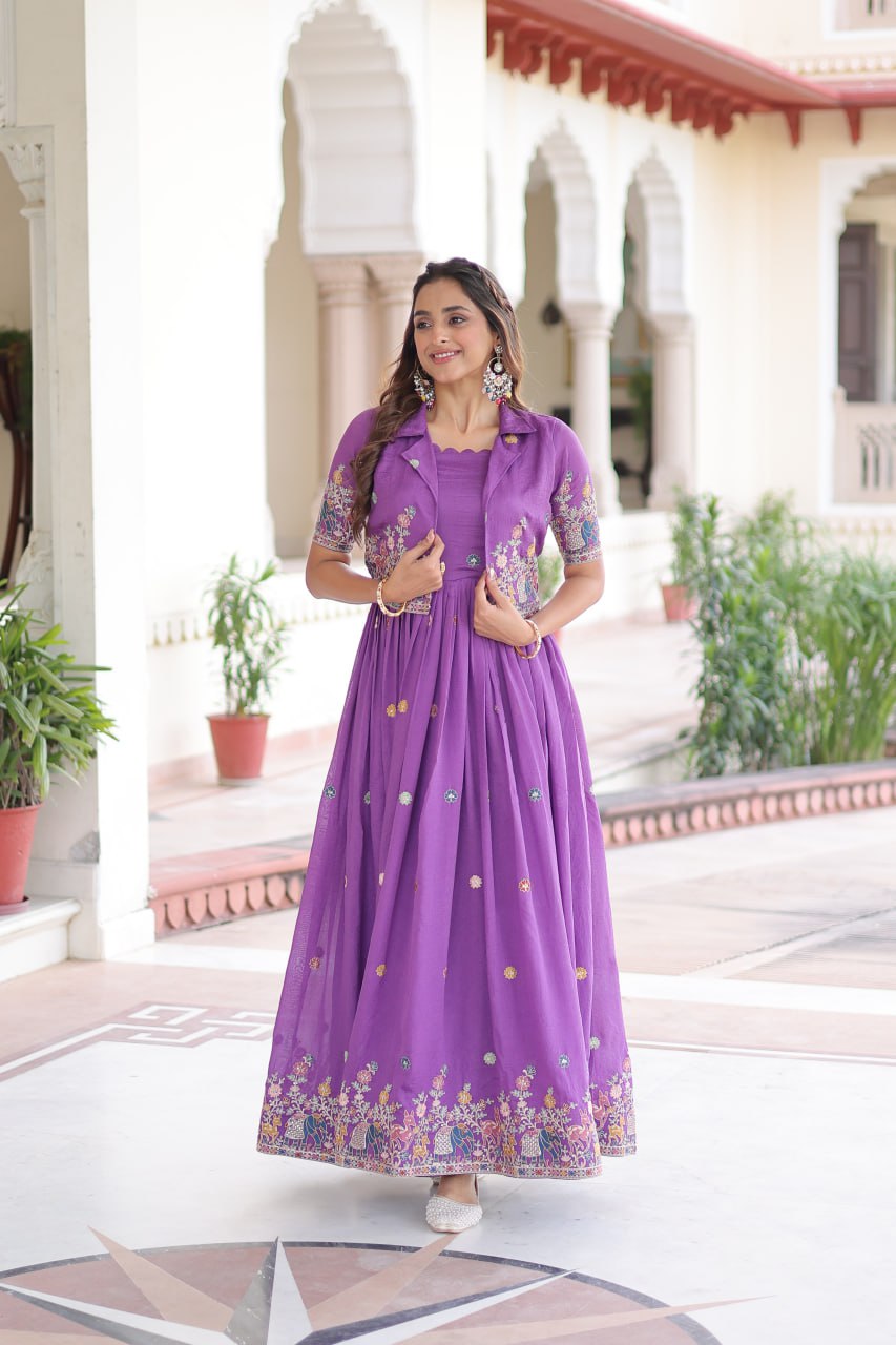 Vichitra Silk Embroidered Gown with Designer Koti Set