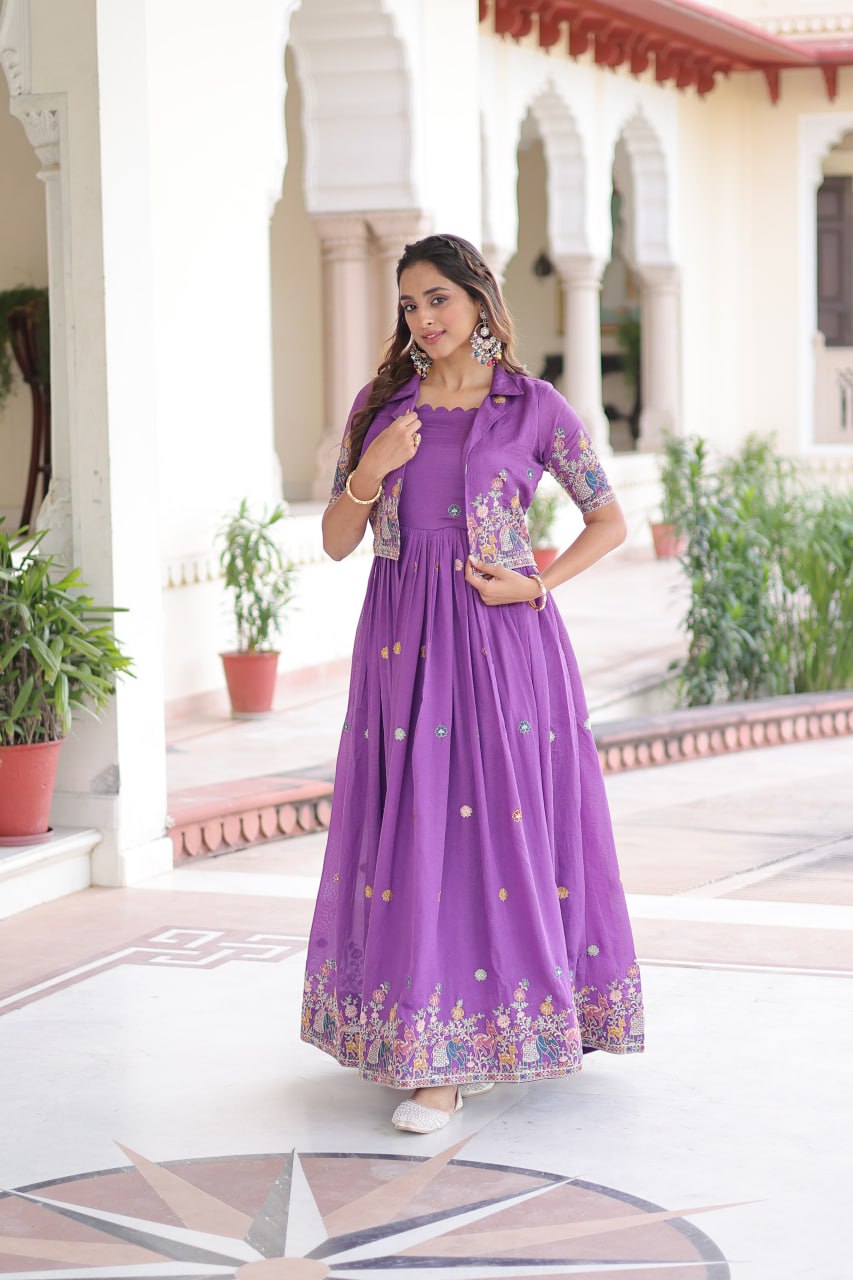 Vichitra Silk Embroidered Gown with Designer Koti Set