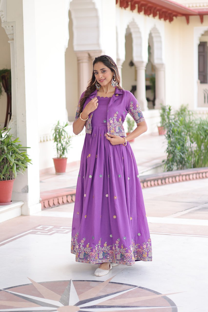 Vichitra Silk Embroidered Gown with Designer Koti Set