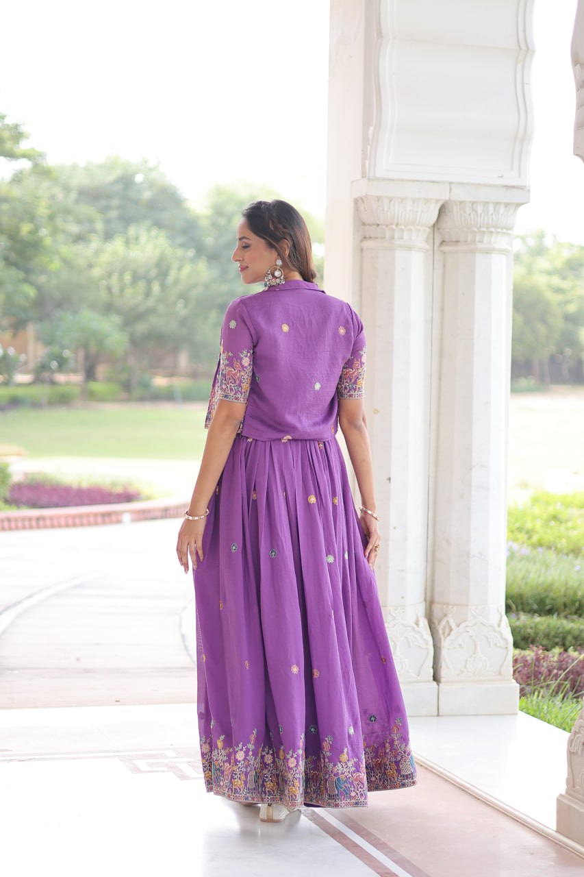 Vichitra Silk Embroidered Gown with Designer Koti Set