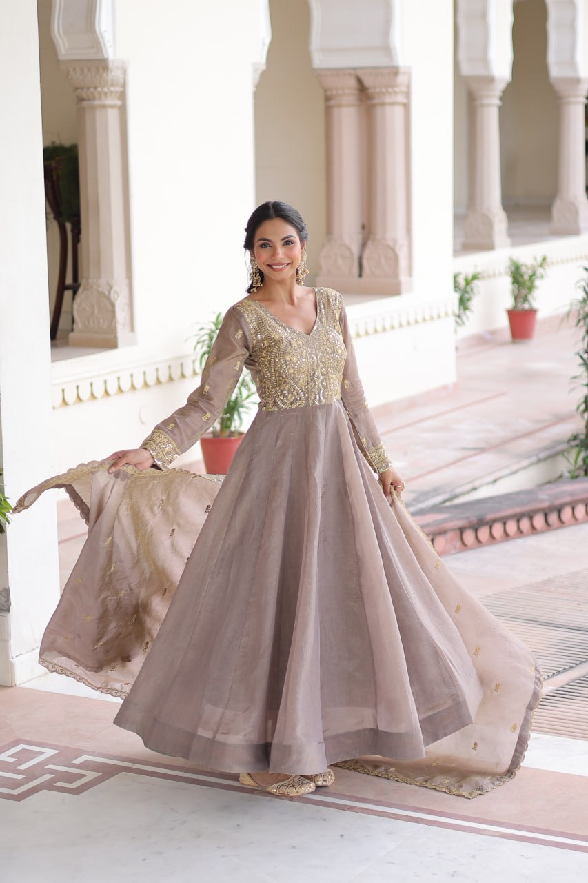 Gold Crush Sequins & Zari Embroidered Gown with Dupatta – Designer Wedding & Festive Wear