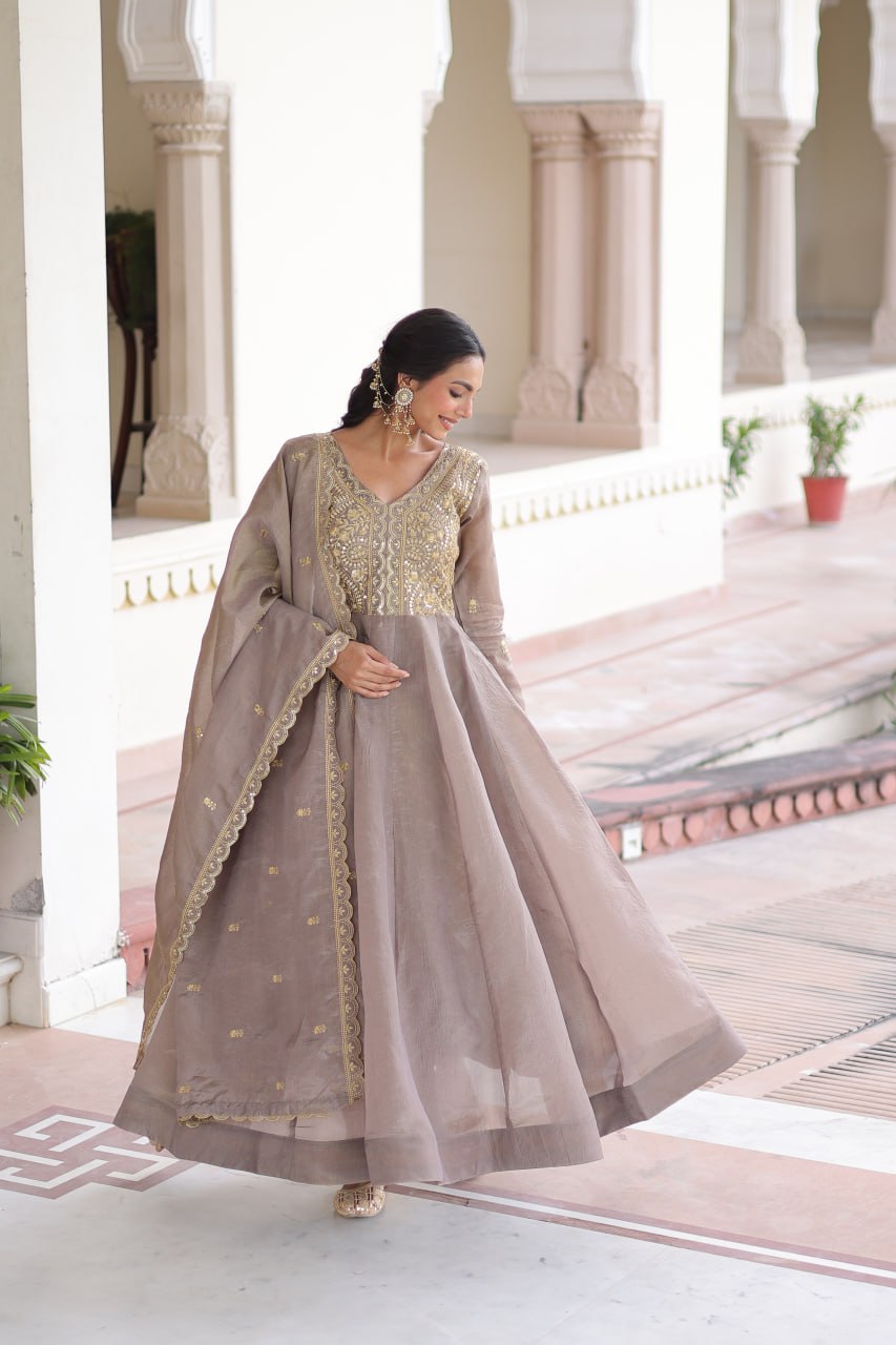 Gold Crush Sequins & Zari Embroidered Gown with Dupatta – Designer Wedding & Festive Wear
