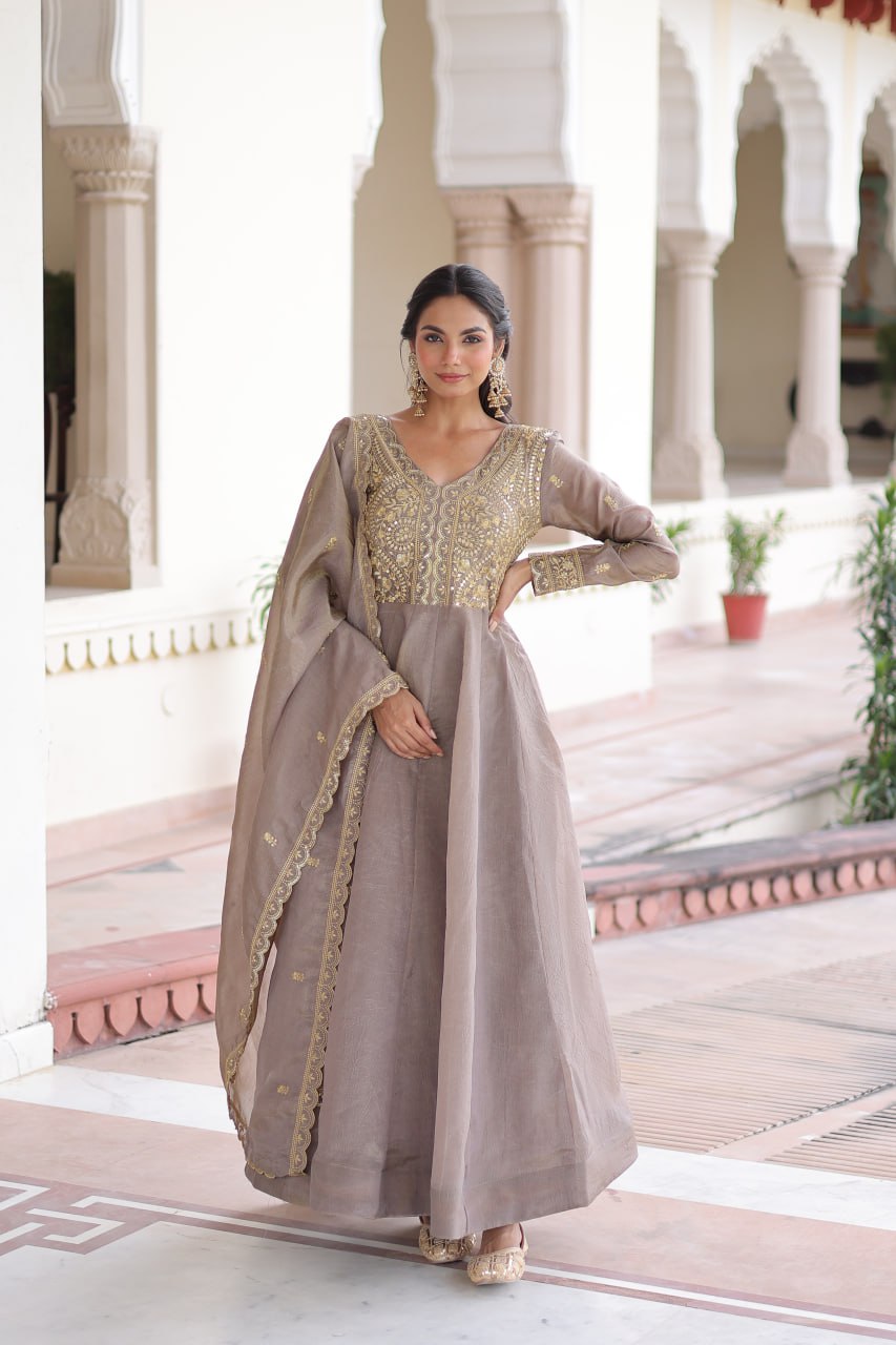 Gold Crush Sequins & Zari Embroidered Gown with Dupatta – Designer Wedding & Festive Wear