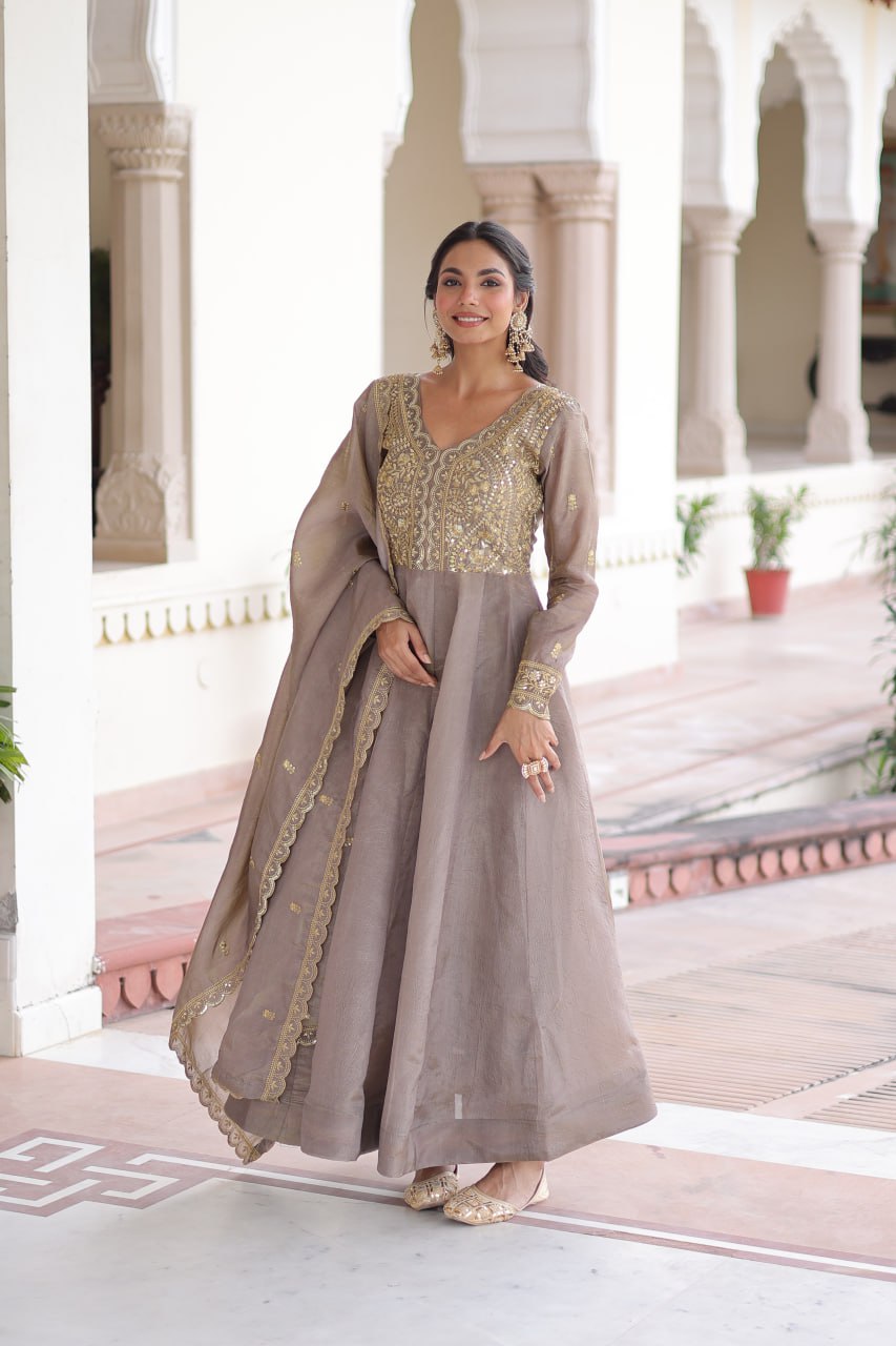 Gold Crush Sequins & Zari Embroidered Gown with Dupatta – Designer Wedding & Festive Wear