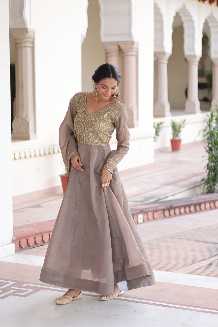 Gold Crush Sequins & Zari Embroidered Gown with Dupatta – Designer Wedding & Festive Wear