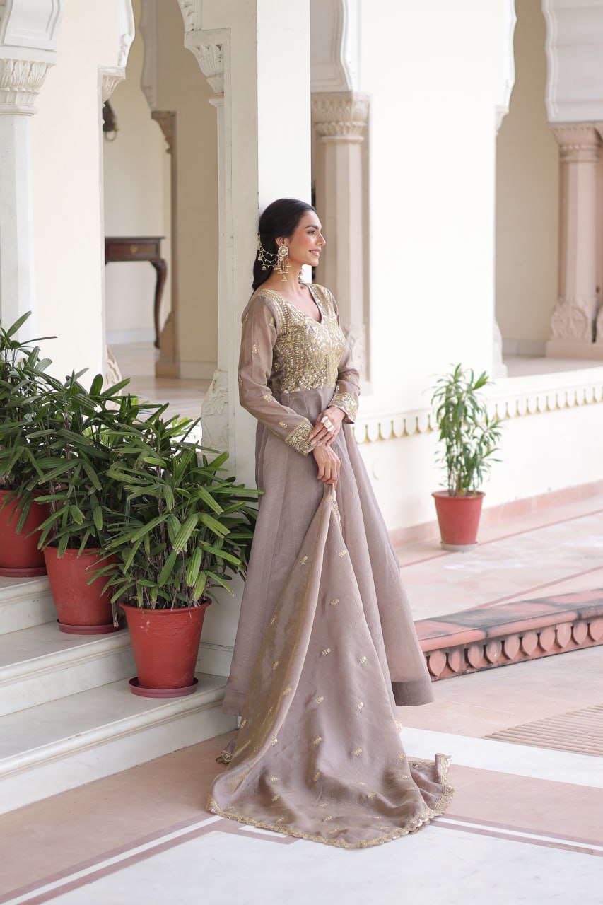 Gold Crush Sequins & Zari Embroidered Gown with Dupatta – Designer Wedding & Festive Wear