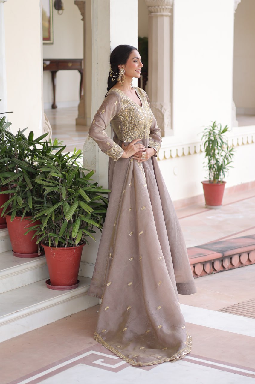 Gold Crush Sequins & Zari Embroidered Gown with Dupatta – Designer Wedding & Festive Wear