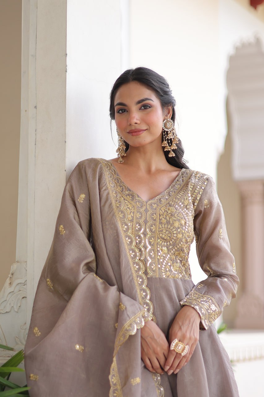 Gold Crush Sequins & Zari Embroidered Gown with Dupatta – Designer Wedding & Festive Wear
