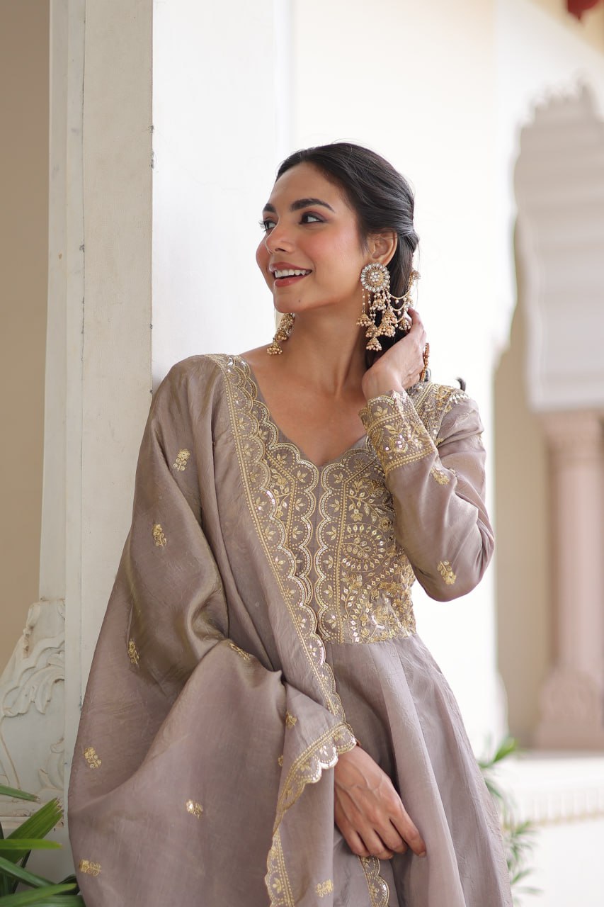 Gold Crush Sequins & Zari Embroidered Gown with Dupatta – Designer Wedding & Festive Wear