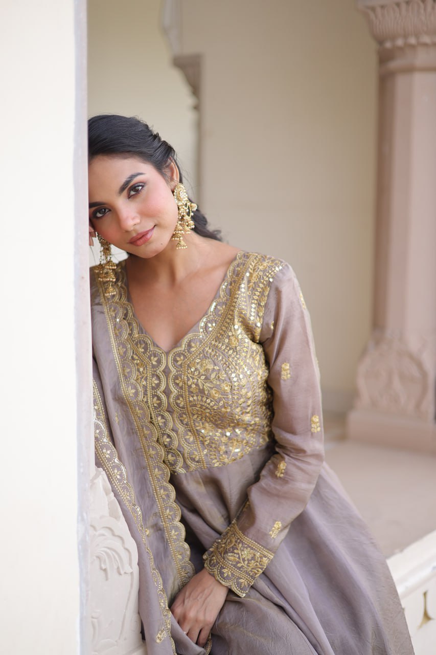 Gold Crush Sequins & Zari Embroidered Gown with Dupatta – Designer Wedding & Festive Wear