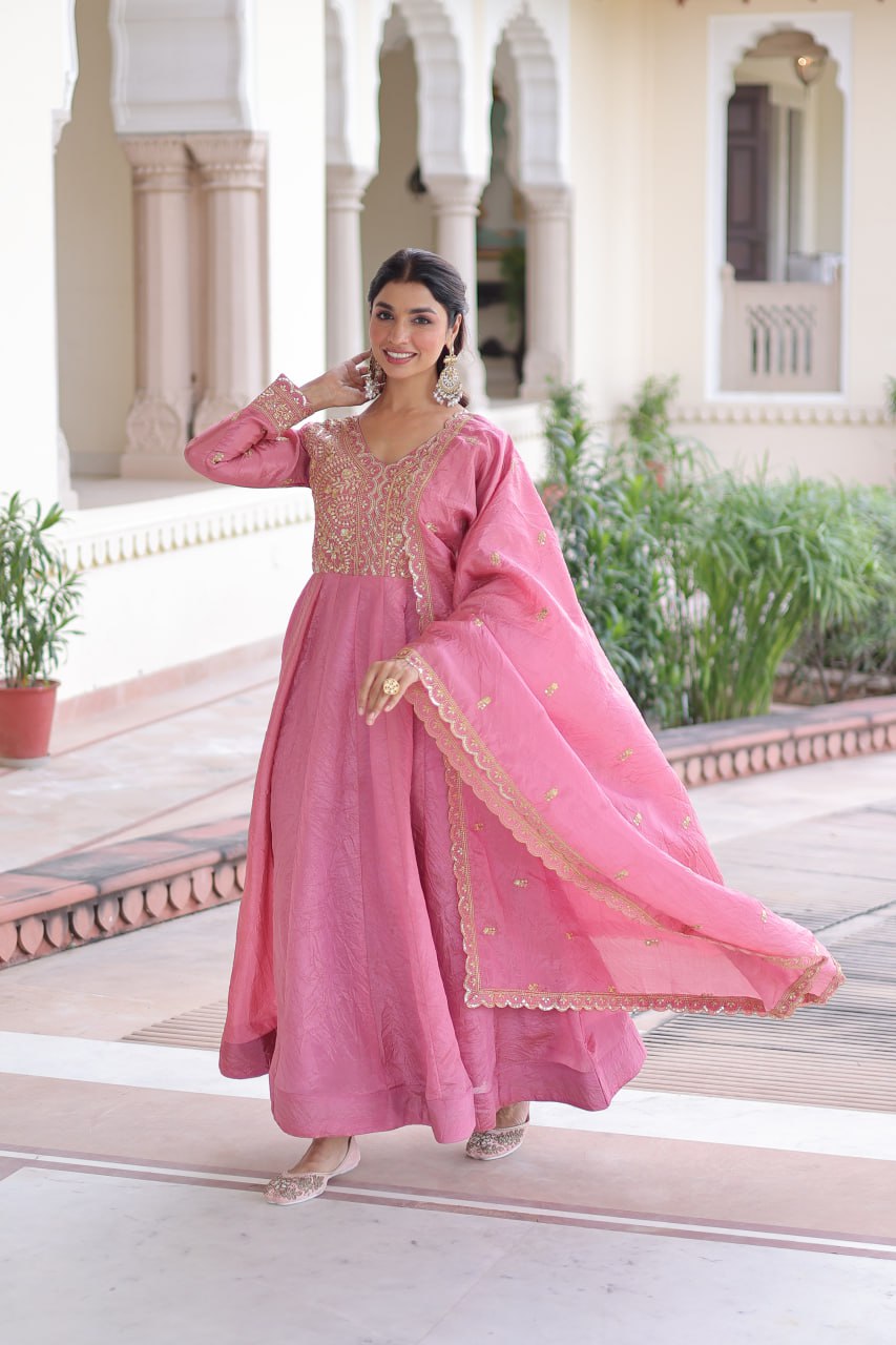 Gold Crush Sequins & Zari Embroidered Gown with Dupatta – Designer Wedding & Festive Wear