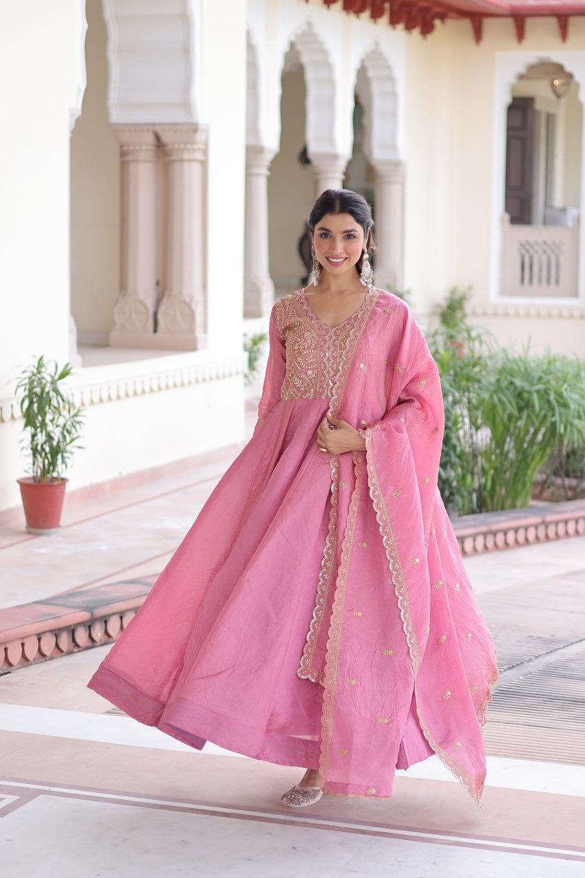 Gold Crush Sequins & Zari Embroidered Gown with Dupatta – Designer Wedding & Festive Wear