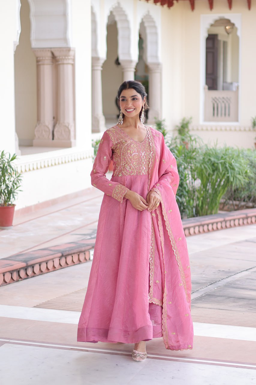 Gold Crush Sequins & Zari Embroidered Gown with Dupatta – Designer Wedding & Festive Wear
