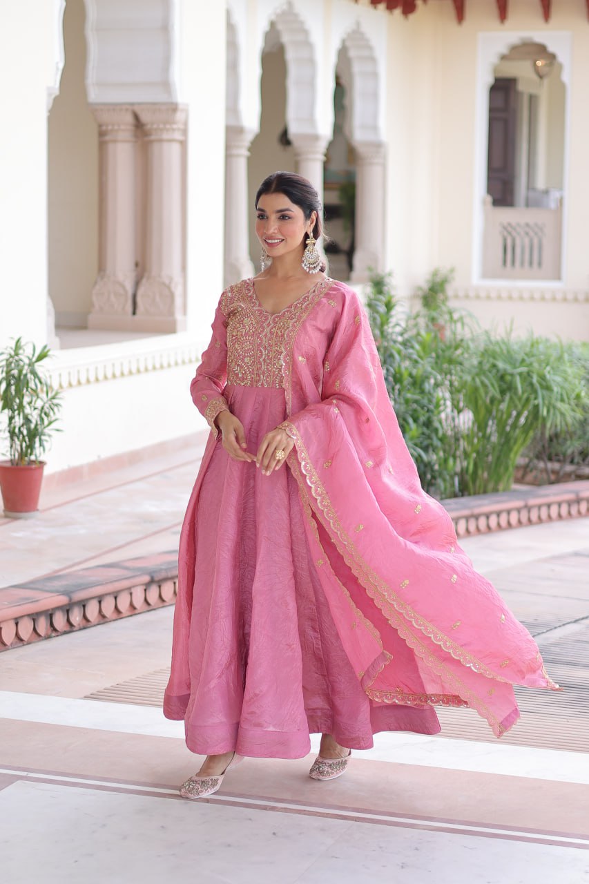 Gold Crush Sequins & Zari Embroidered Gown with Dupatta – Designer Wedding & Festive Wear