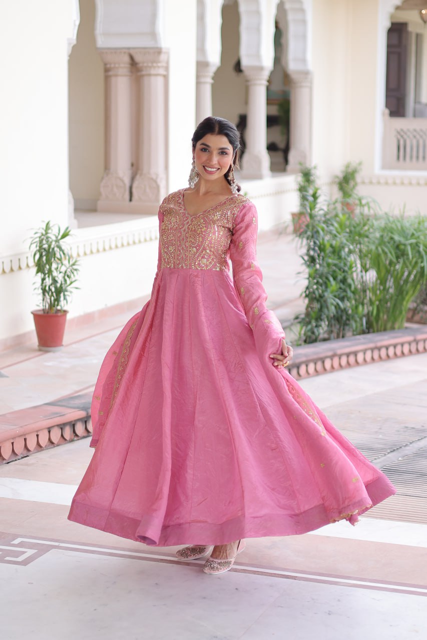 Gold Crush Sequins & Zari Embroidered Gown with Dupatta – Designer Wedding & Festive Wear