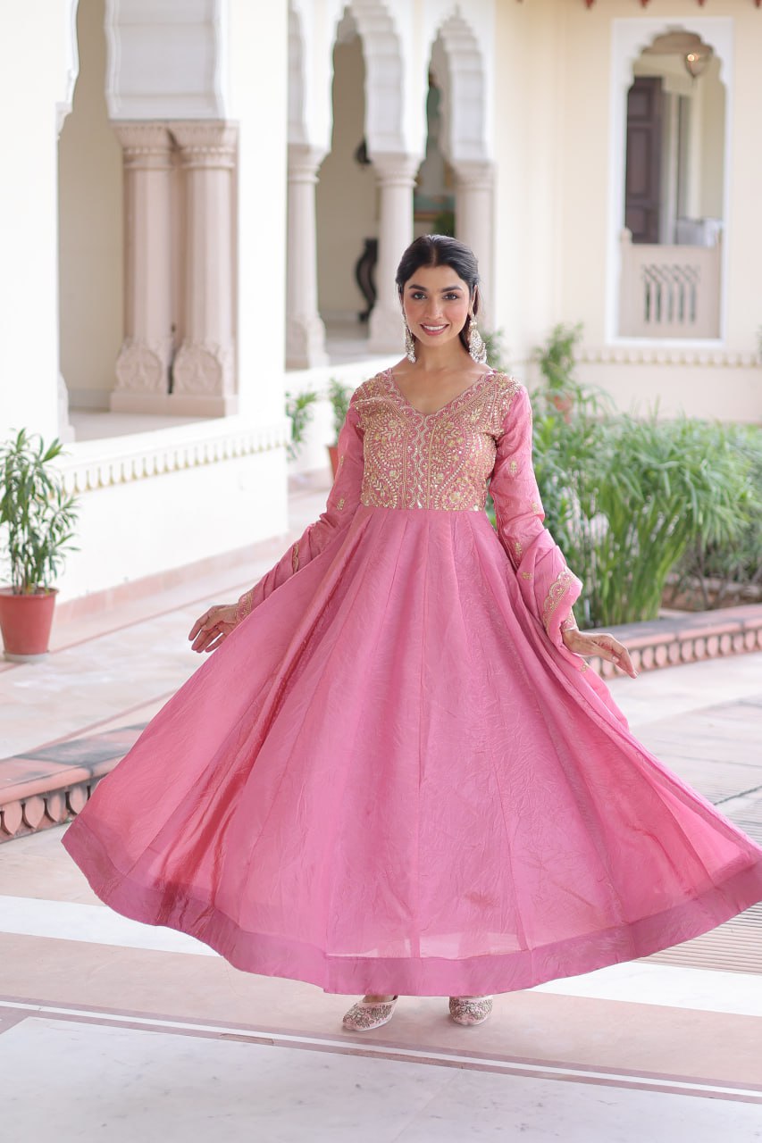 Gold Crush Sequins & Zari Embroidered Gown with Dupatta – Designer Wedding & Festive Wear