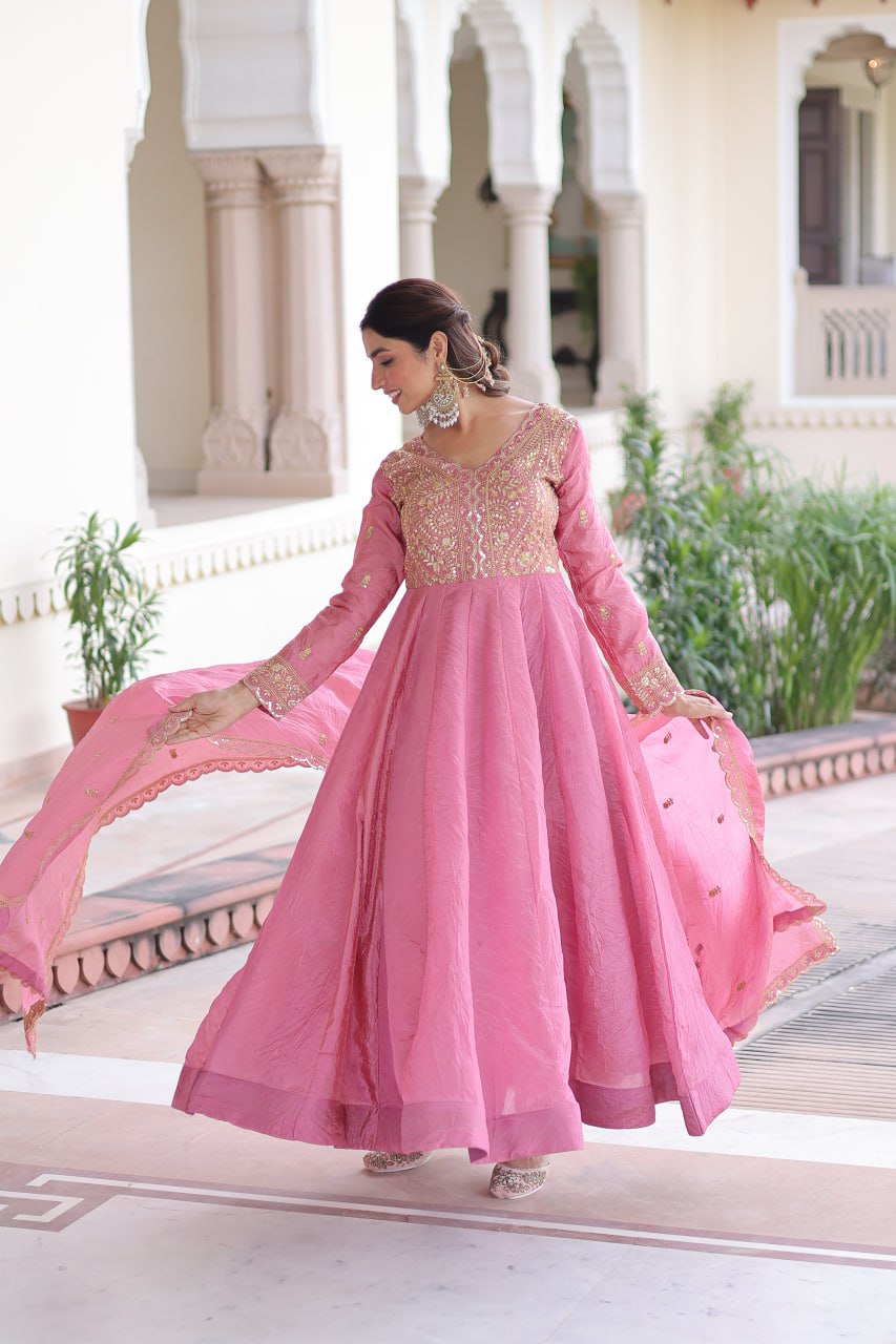 Gold Crush Sequins & Zari Embroidered Gown with Dupatta – Designer Wedding & Festive Wear