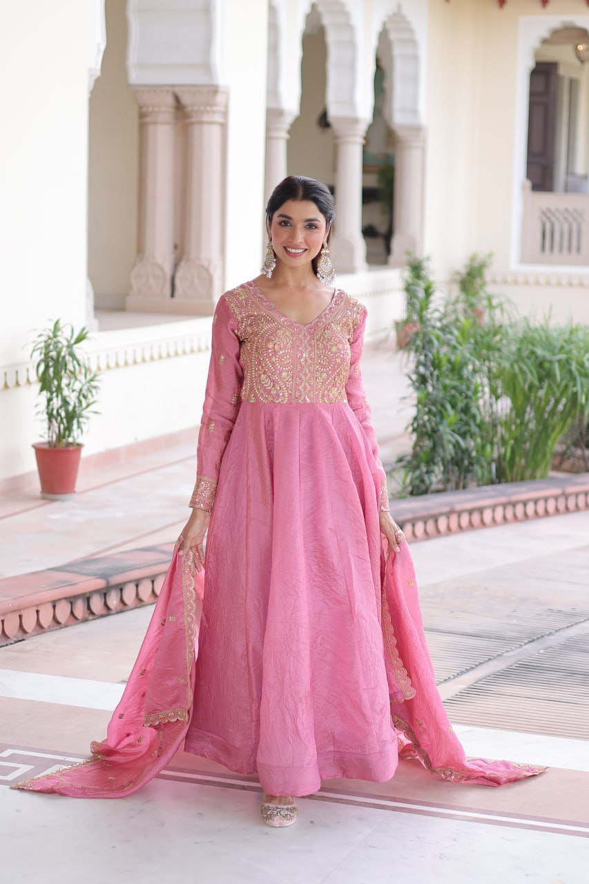 Gold Crush Sequins & Zari Embroidered Gown with Dupatta – Designer Wedding & Festive Wear