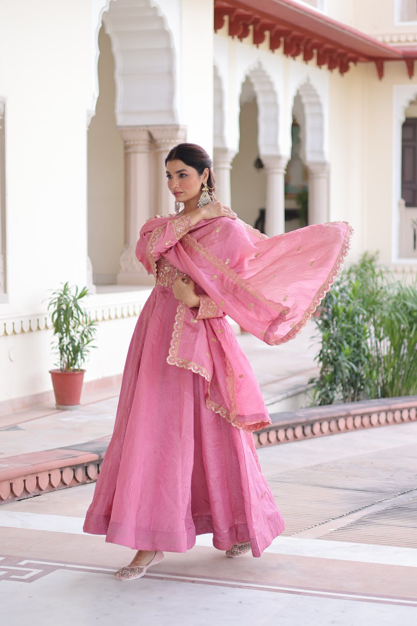 Gold Crush Sequins & Zari Embroidered Gown with Dupatta – Designer Wedding & Festive Wear