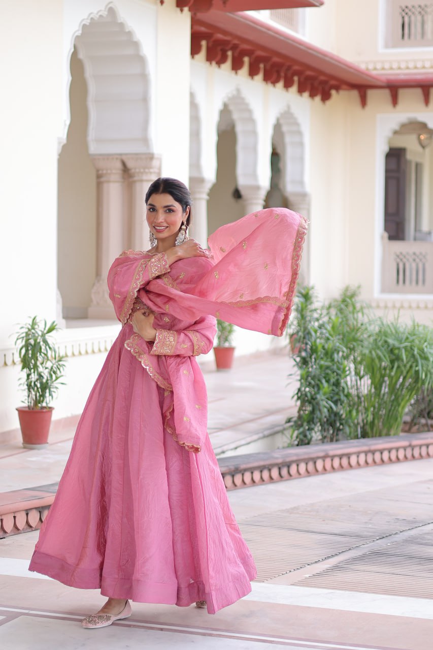 Gold Crush Sequins & Zari Embroidered Gown with Dupatta – Designer Wedding & Festive Wear