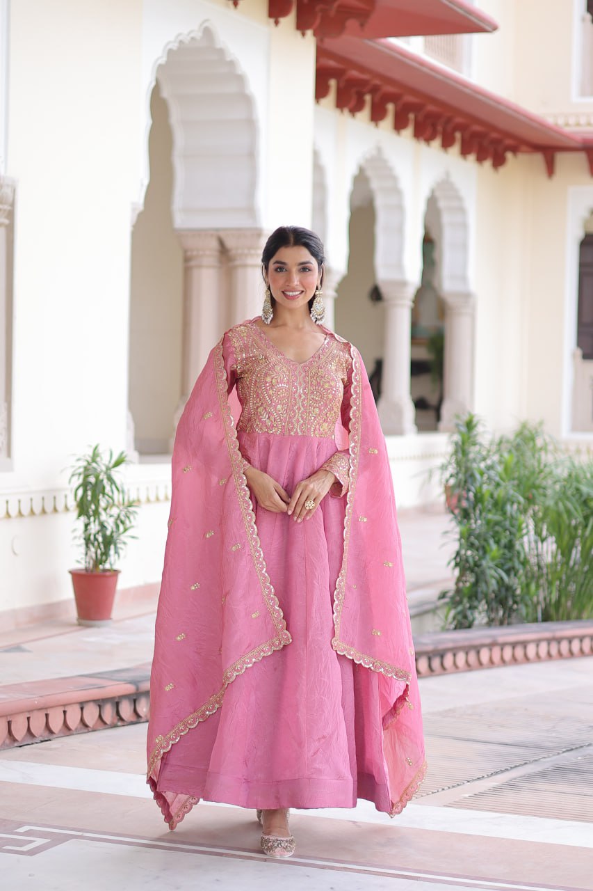Gold Crush Sequins & Zari Embroidered Gown with Dupatta – Designer Wedding & Festive Wear