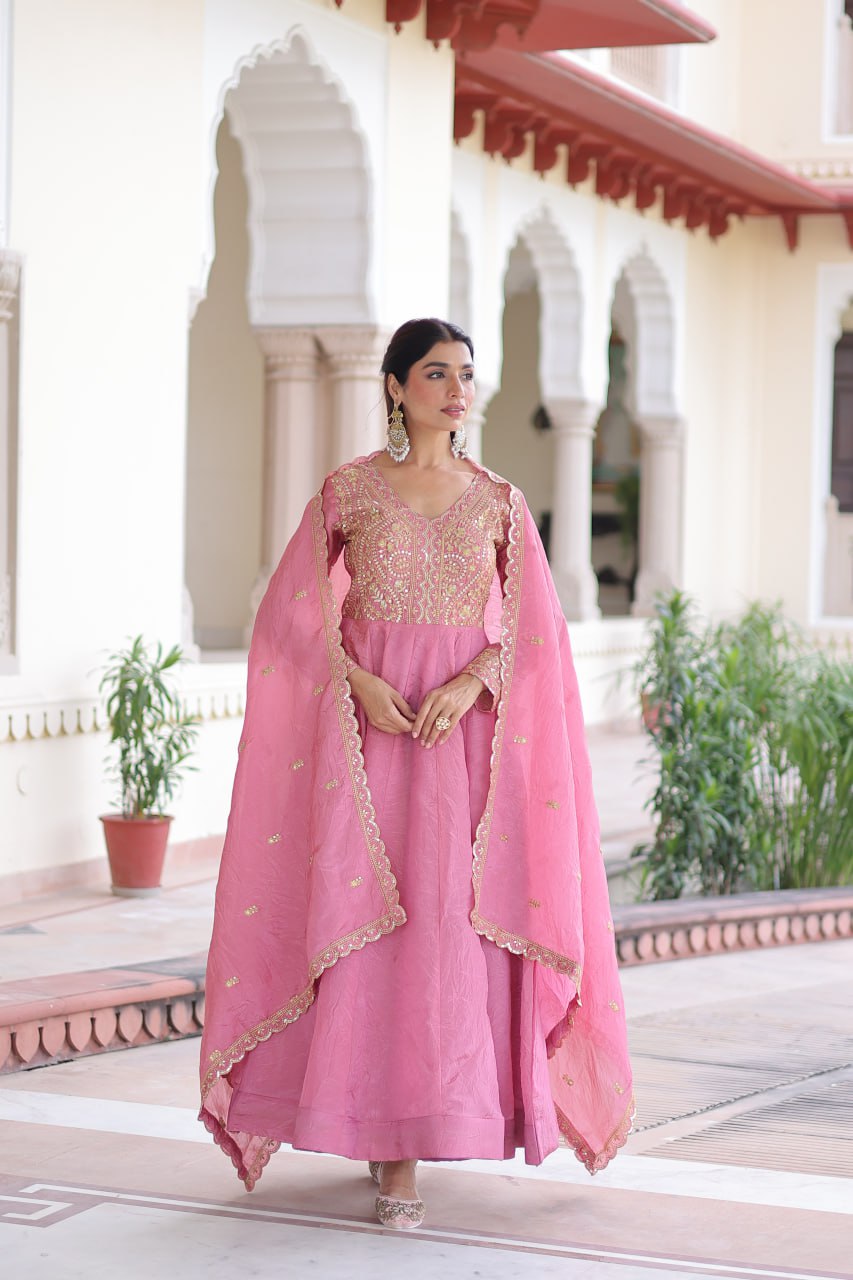 Gold Crush Sequins & Zari Embroidered Gown with Dupatta – Designer Wedding & Festive Wear