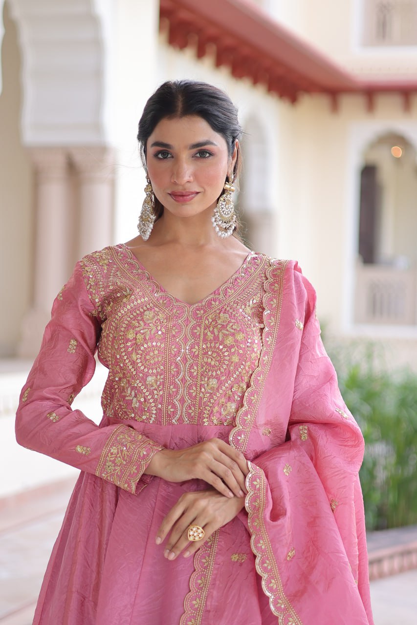 Gold Crush Sequins & Zari Embroidered Gown with Dupatta – Designer Wedding & Festive Wear