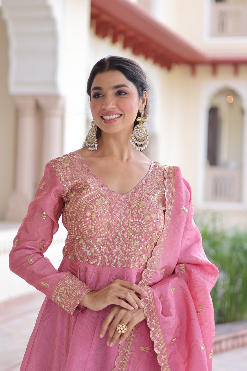 Gold Crush Sequins & Zari Embroidered Gown with Dupatta – Designer Wedding & Festive Wear
