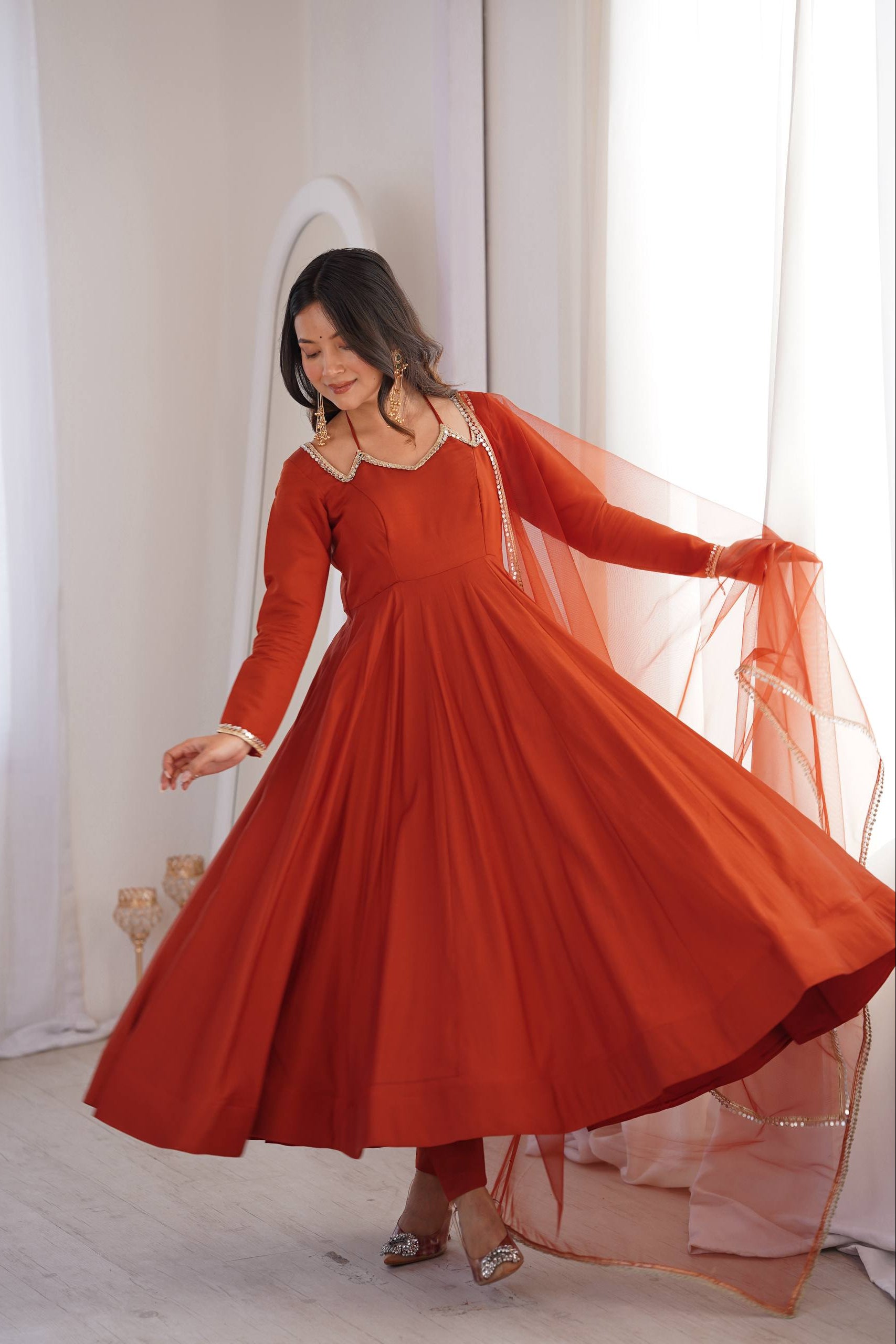 Fully Flared Anarkali Gown Set with Mirror Lace Dupatta & Pant