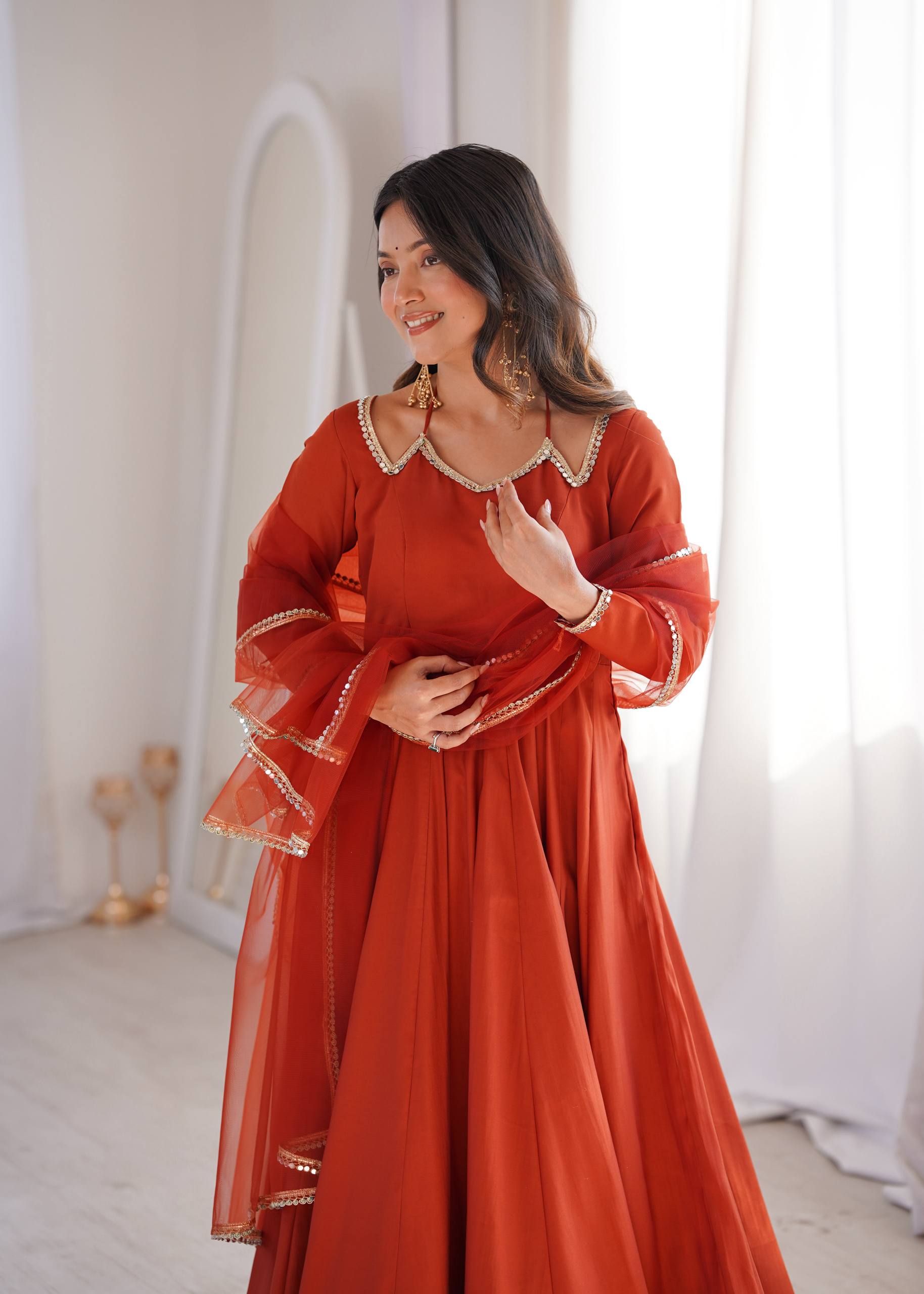 Fully Flared Anarkali Gown Set with Mirror Lace Dupatta & Pant