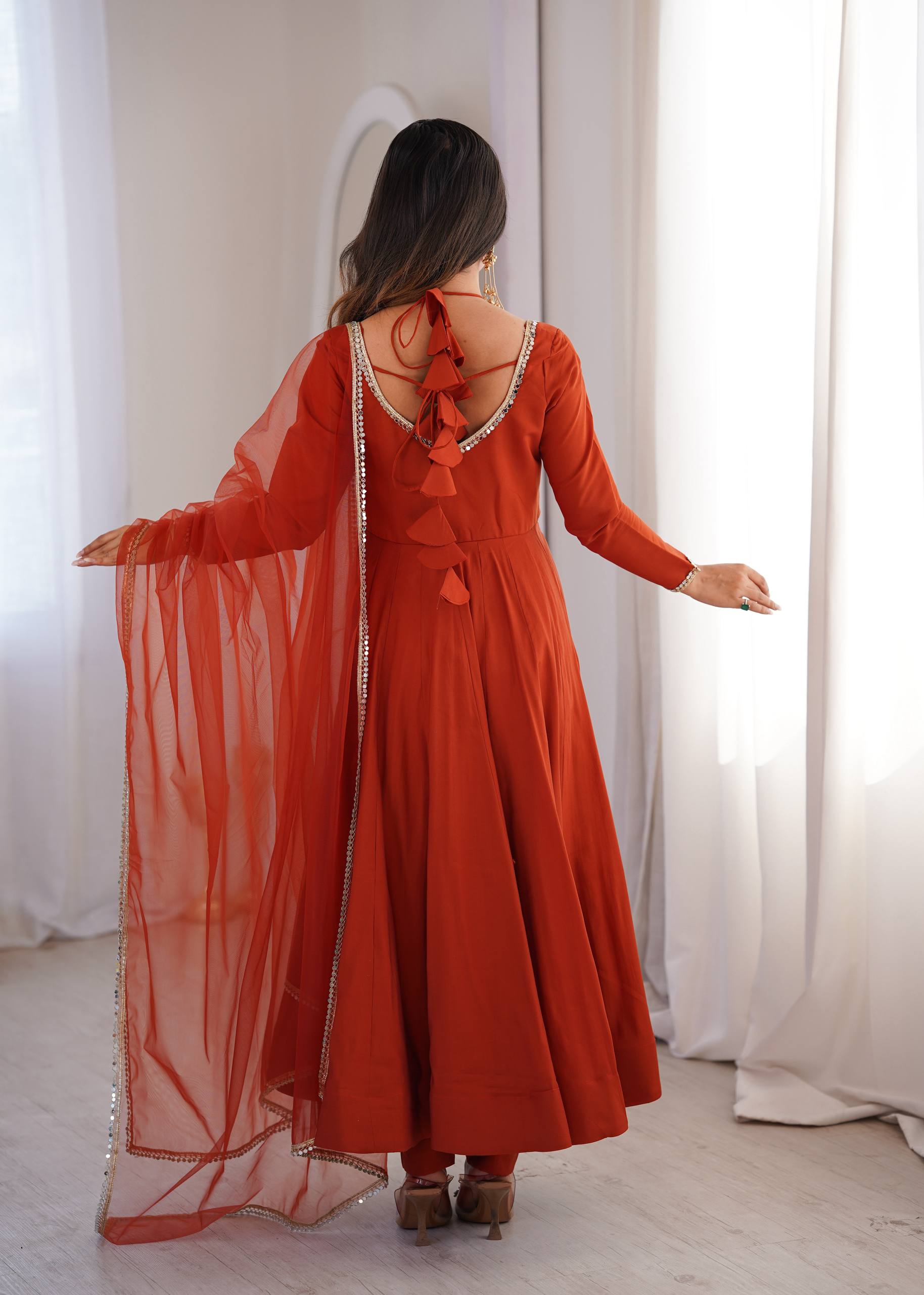 Fully Flared Anarkali Gown Set with Mirror Lace Dupatta & Pant