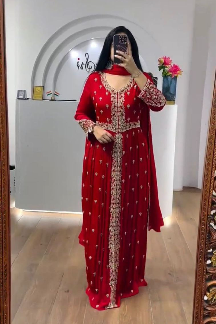 Women’s Fox Georgette Embroidery Sequence Work Gown with Matching Dupatta