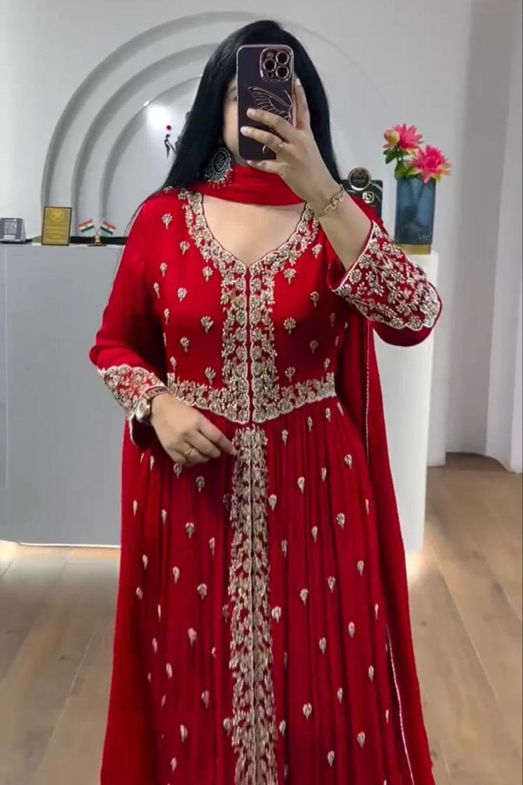Embroidered Fox Georgette Gown with Dupatta for Wedding & Festive Wear