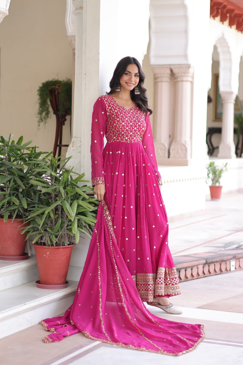 Faux Georgette Embroidered Gown with Sequins Zari Dupatta (Fully Stitched)  Description: