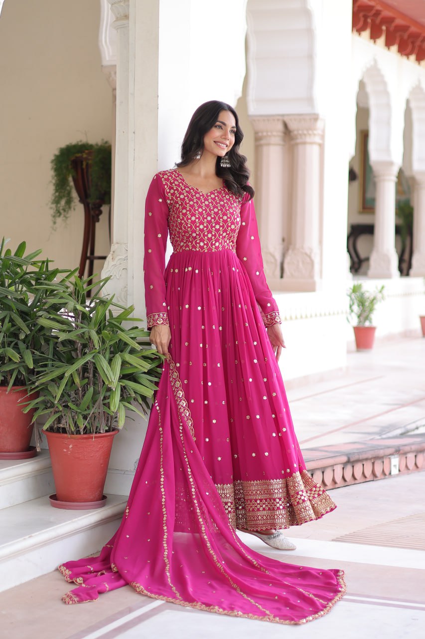 Faux Georgette Embroidered Gown with Sequins Zari Dupatta (Fully Stitched)  Description: