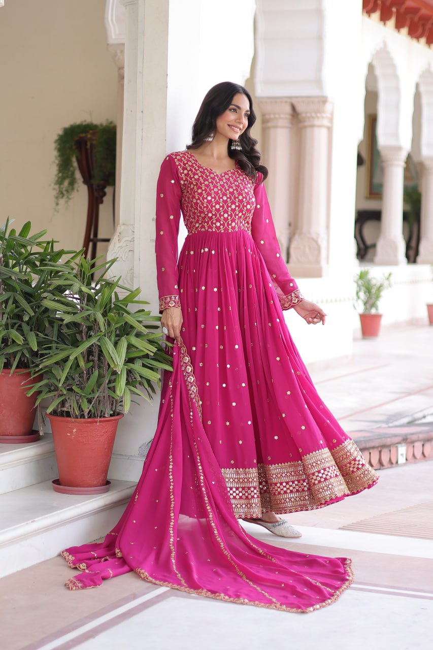 Georgette Embroidered Gown with Sequins Zari Dupatta (Fully Stitched)  Description: