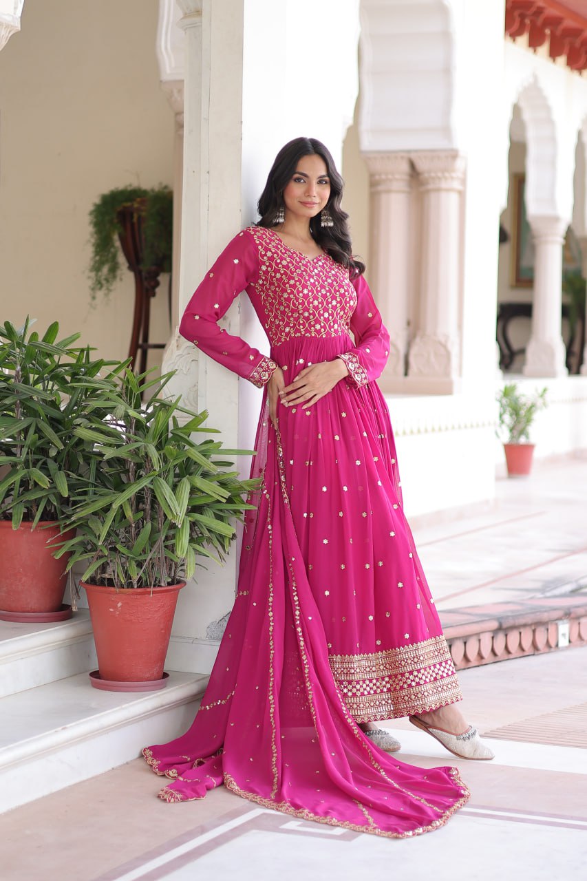 Georgette Embroidered Gown with Sequins Zari Dupatta (Fully Stitched)  Description: