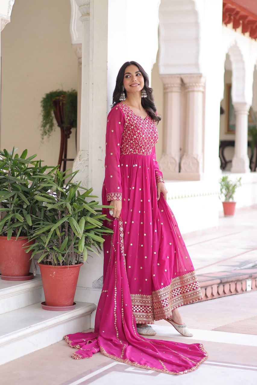 Georgette Embroidered Gown with Sequins Zari Dupatta (Fully Stitched)  Description: