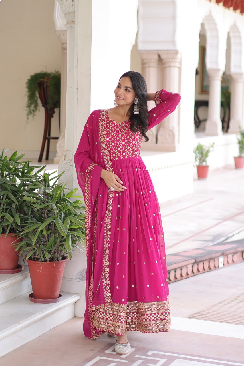Georgette Embroidered Gown with Sequins Zari Dupatta (Fully Stitched)  Description: