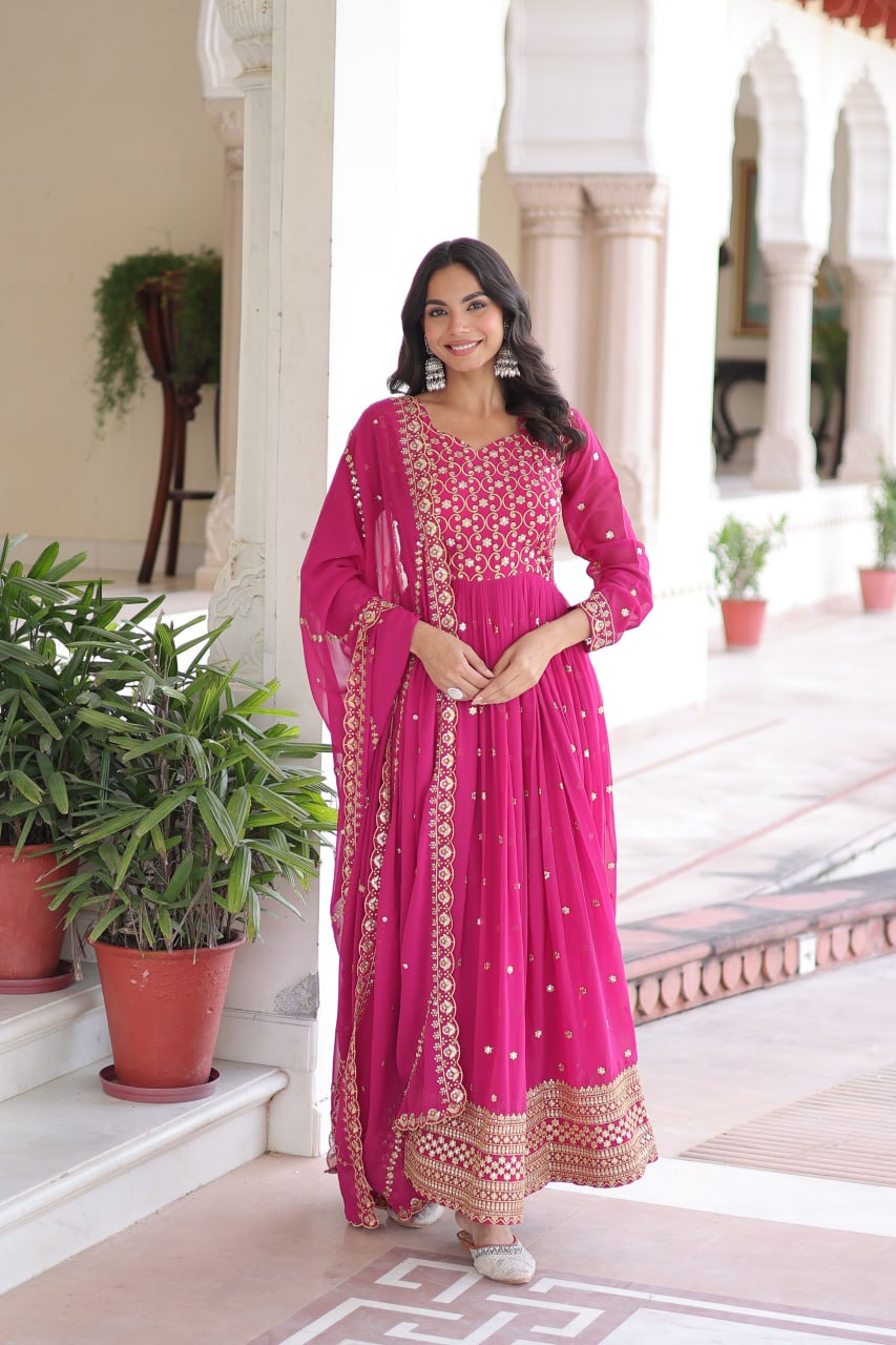 Georgette Embroidered Gown with Sequins Zari Dupatta (Fully Stitched)  Description: