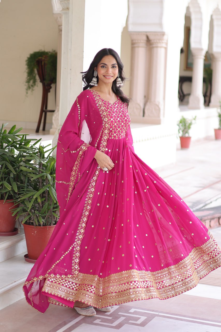 Georgette Embroidered Gown with Sequins Zari Dupatta (Fully Stitched)  Description: