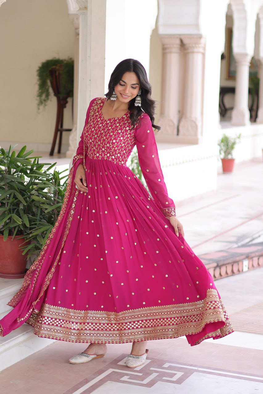 Georgette Embroidered Gown with Sequins Zari Dupatta (Fully Stitched)  Description: