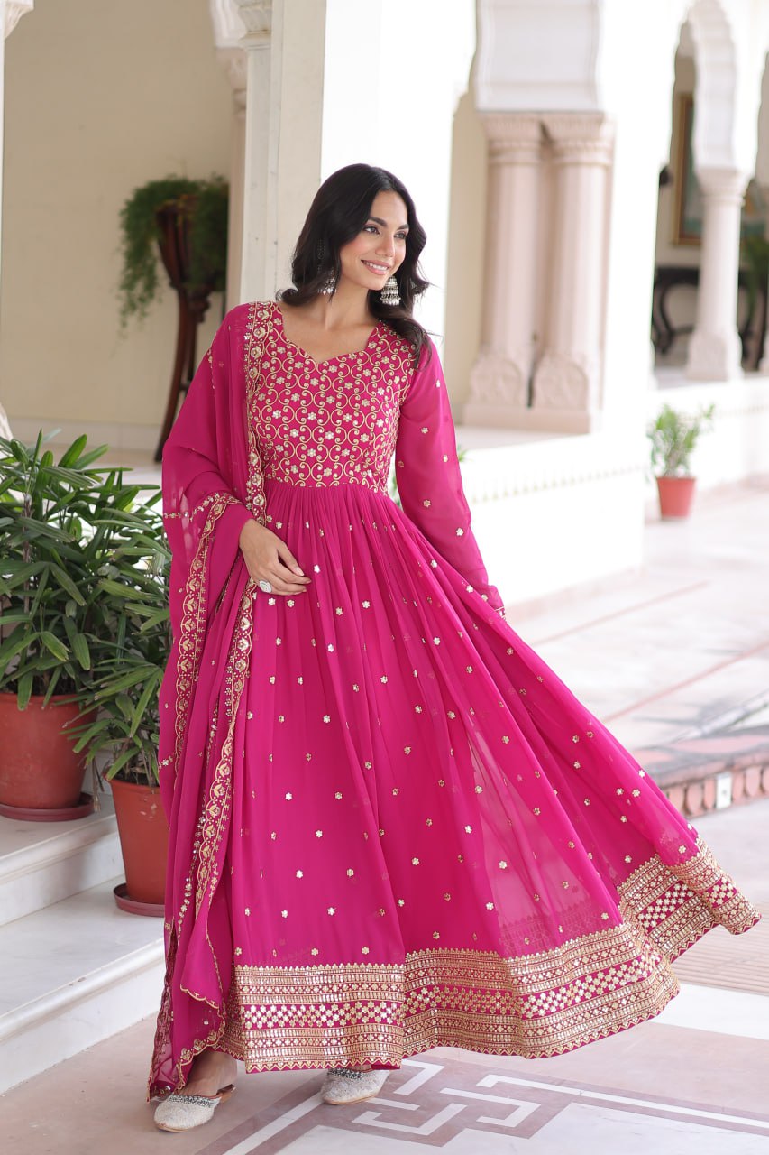 Georgette Embroidered Gown with Sequins Zari Dupatta (Fully Stitched)  Description: