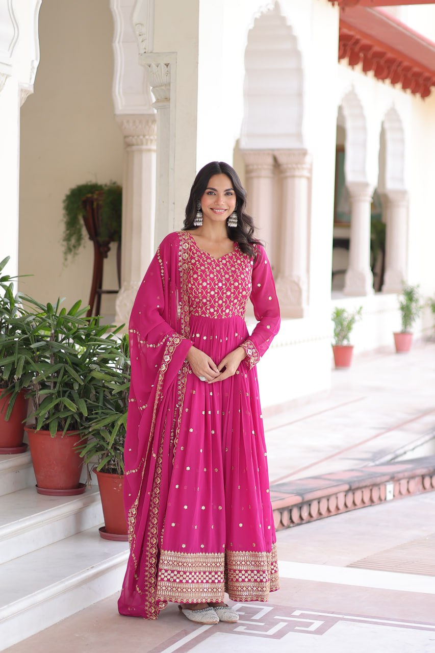 Georgette Embroidered Gown with Sequins Zari Dupatta (Fully Stitched)  Description: