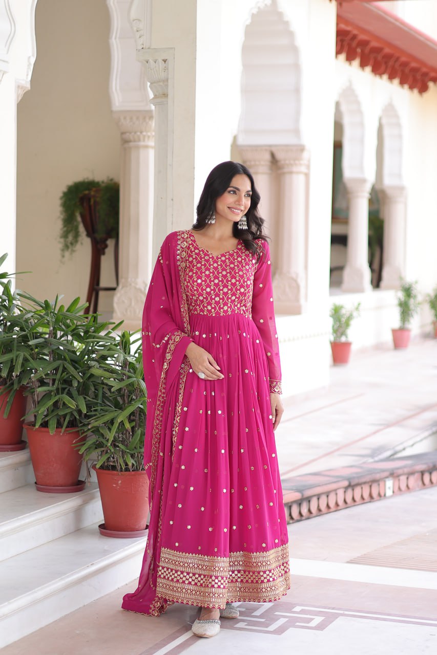 Georgette Embroidered Gown with Sequins Zari Dupatta (Fully Stitched)  Description: