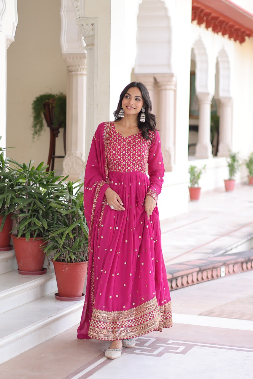 Georgette Embroidered Gown with Sequins Zari Dupatta (Fully Stitched)  Description:
