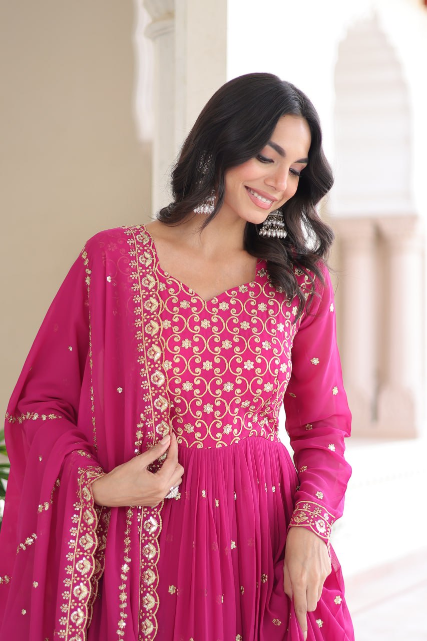 Georgette Embroidered Gown with Sequins Zari Dupatta (Fully Stitched)  Description: