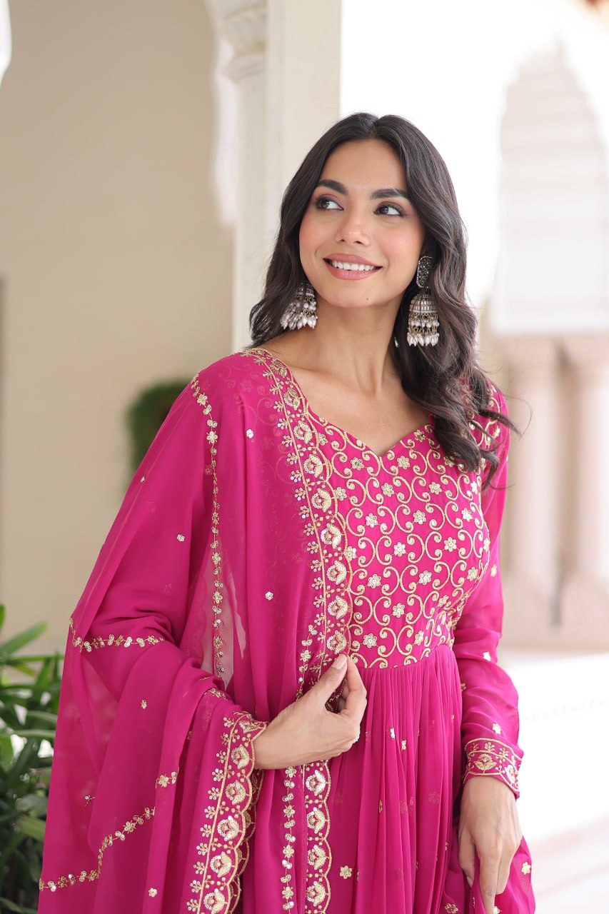 Georgette Embroidered Gown with Sequins Zari Dupatta (Fully Stitched)  Description: