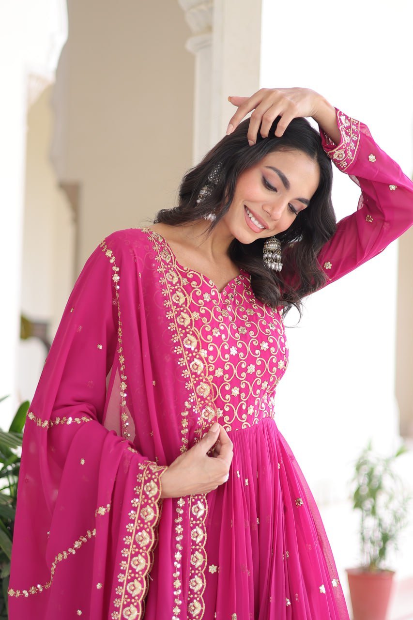 Georgette Embroidered Gown with Sequins Zari Dupatta (Fully Stitched)  Description: